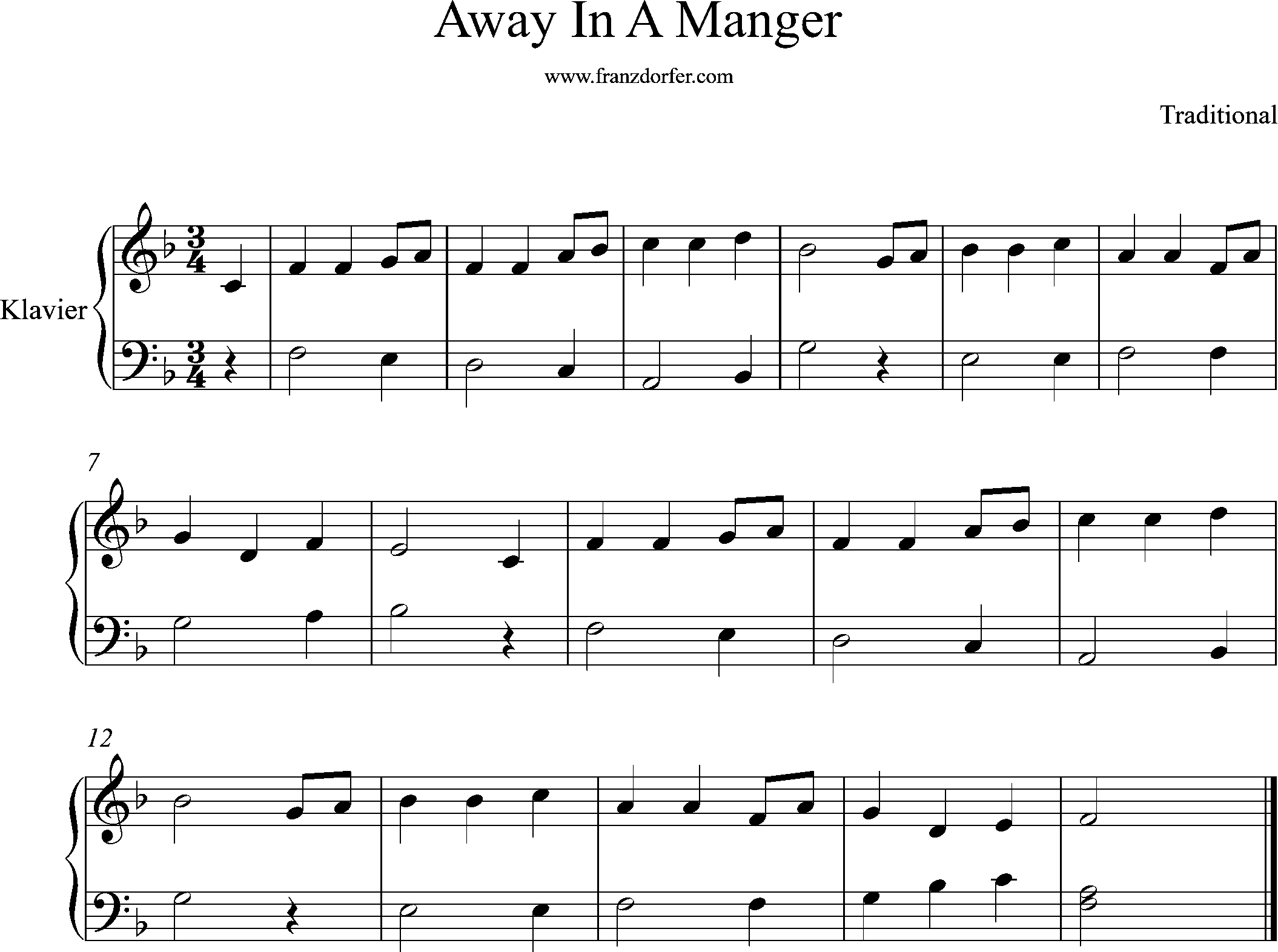 piano sheetmusic, F-Major, Away in a manger-version 2